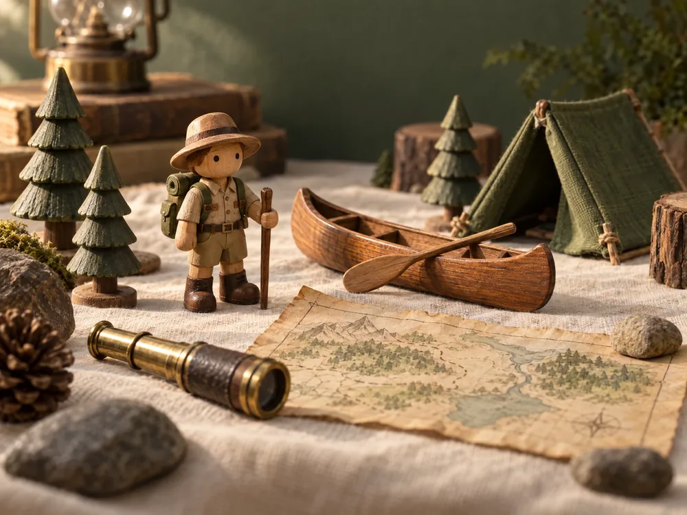 Illustrative miniature explorer scene with a wooden canoe, toy trees, a tent and a small telescope