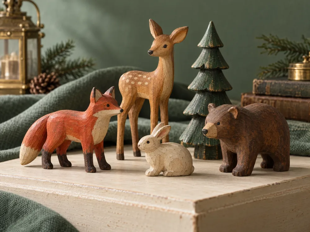 Illustrative still life of carved fox, deer, rabbit and bear toys on a cream display