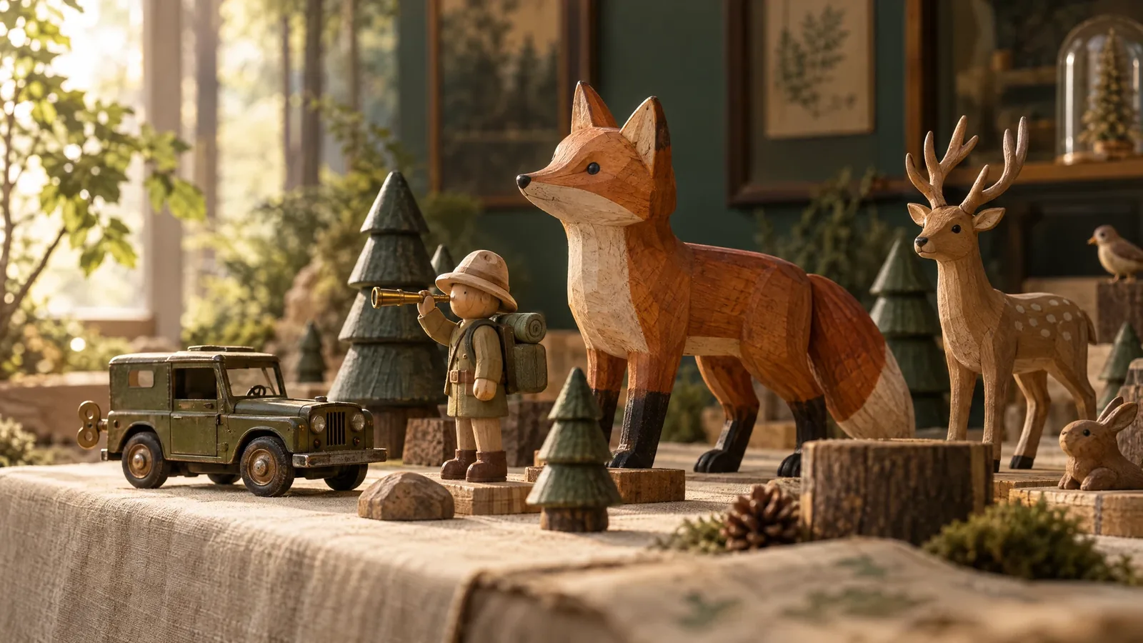 Illustrative woodland toy expedition with wooden animals, a miniature explorer and a green mechanical toy