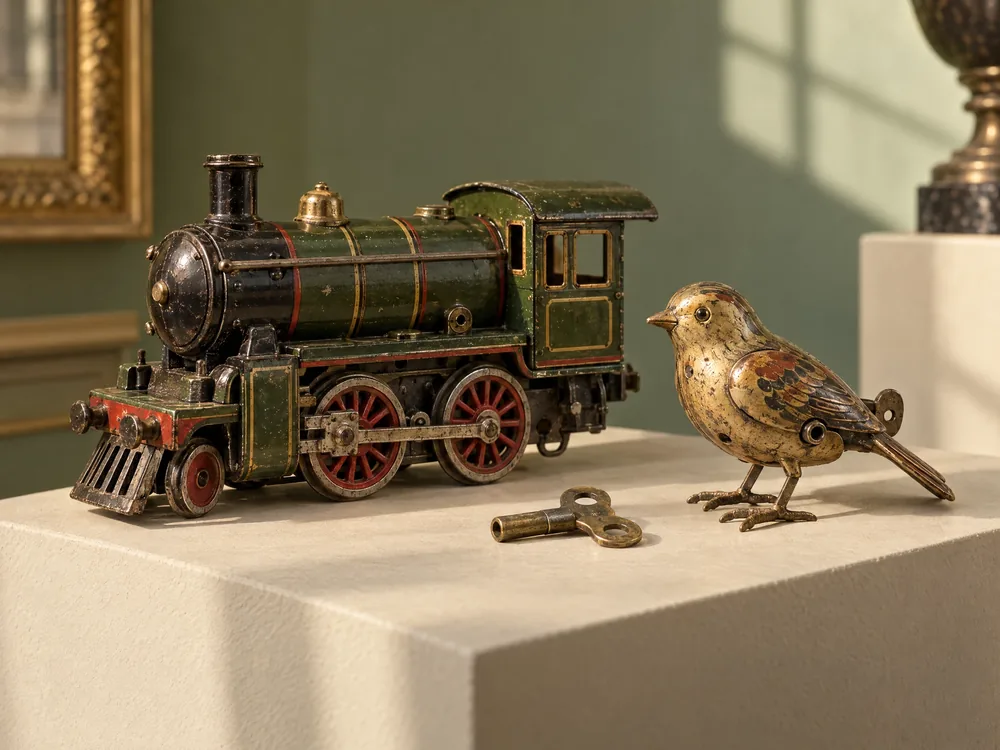 Illustrative forest-green tin toy locomotive and brass-toned clockwork bird beside a winding key