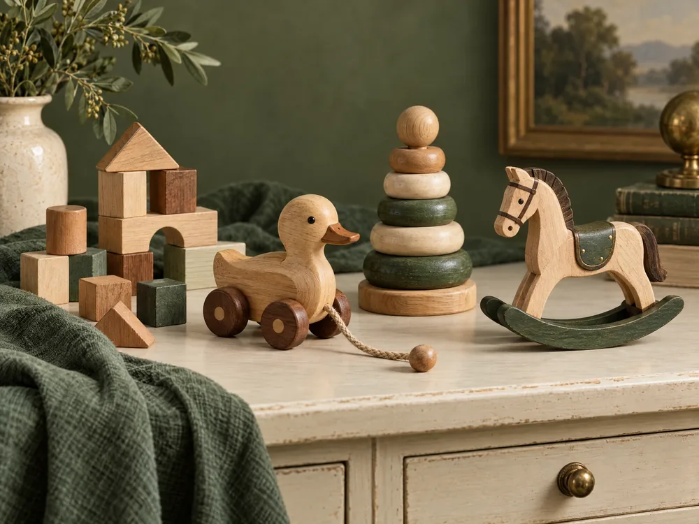 Illustrative arrangement of wooden blocks, a pull-along duck, stacking rings and a rocking horse